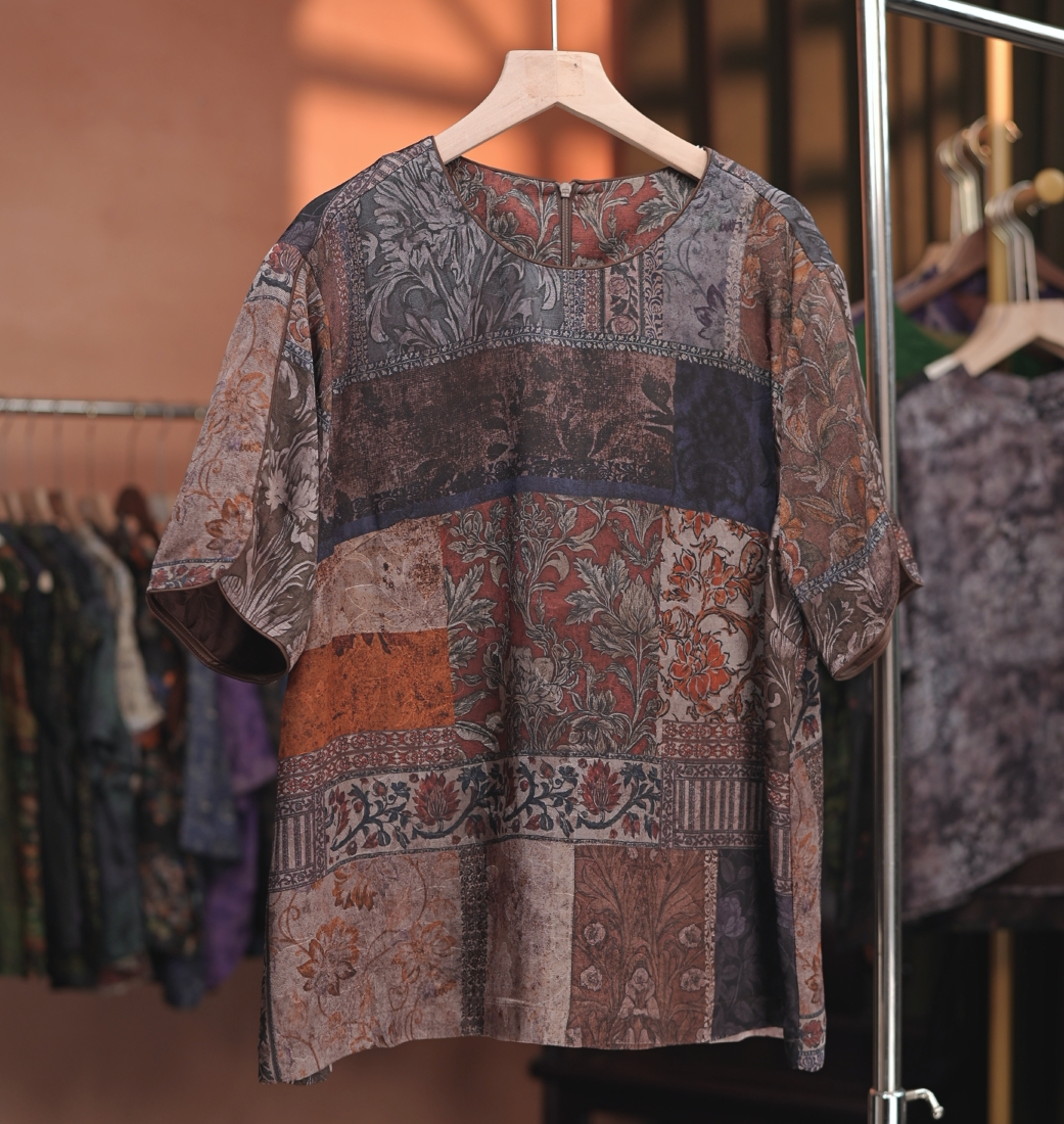 {婉君}常规短袖透气宽松型新中式T恤气质夏季国风圆领重磅提花