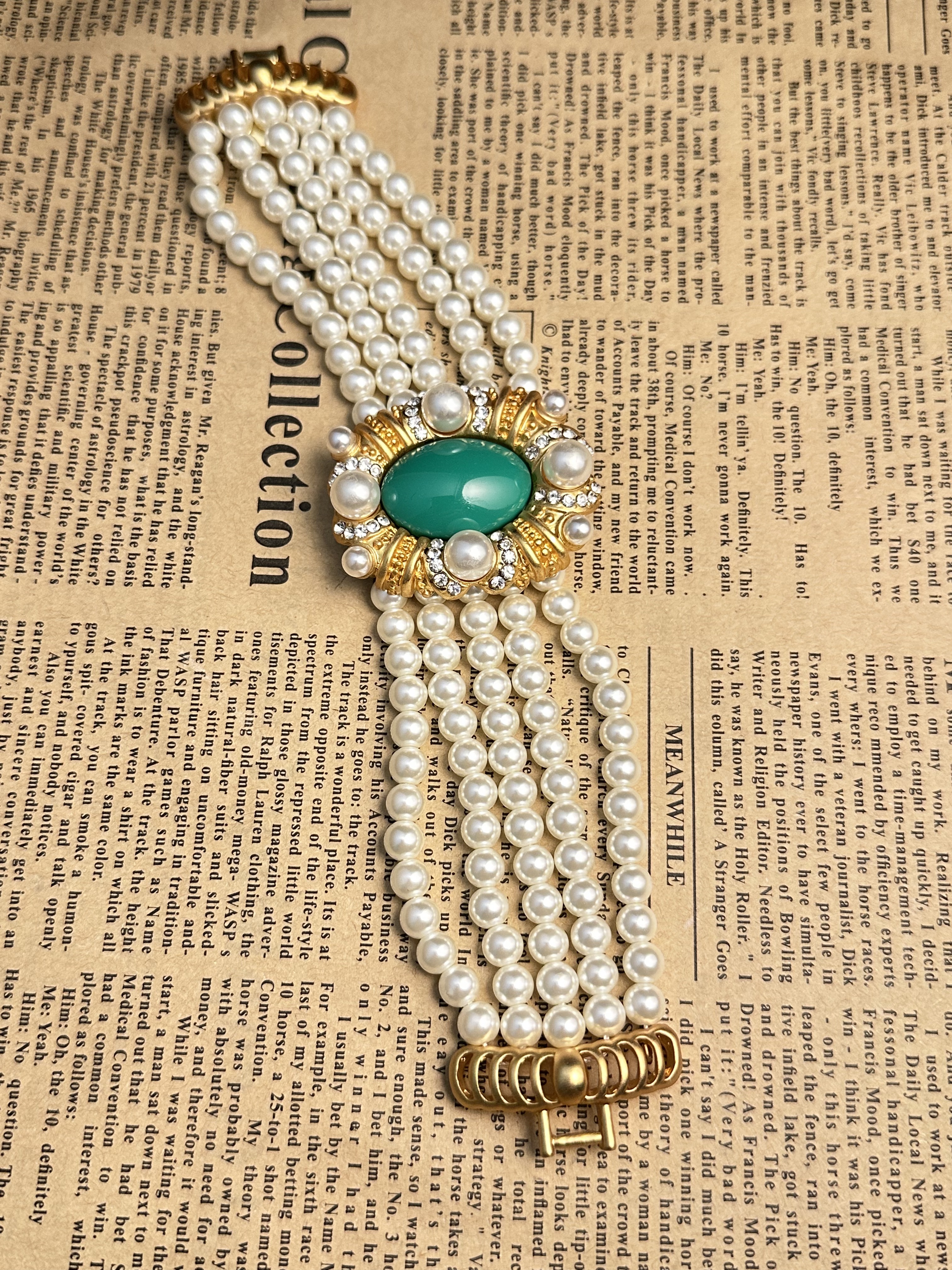 铜合金琉璃手链 中古镀金仿珍珠绿色石头多层手链 S0909