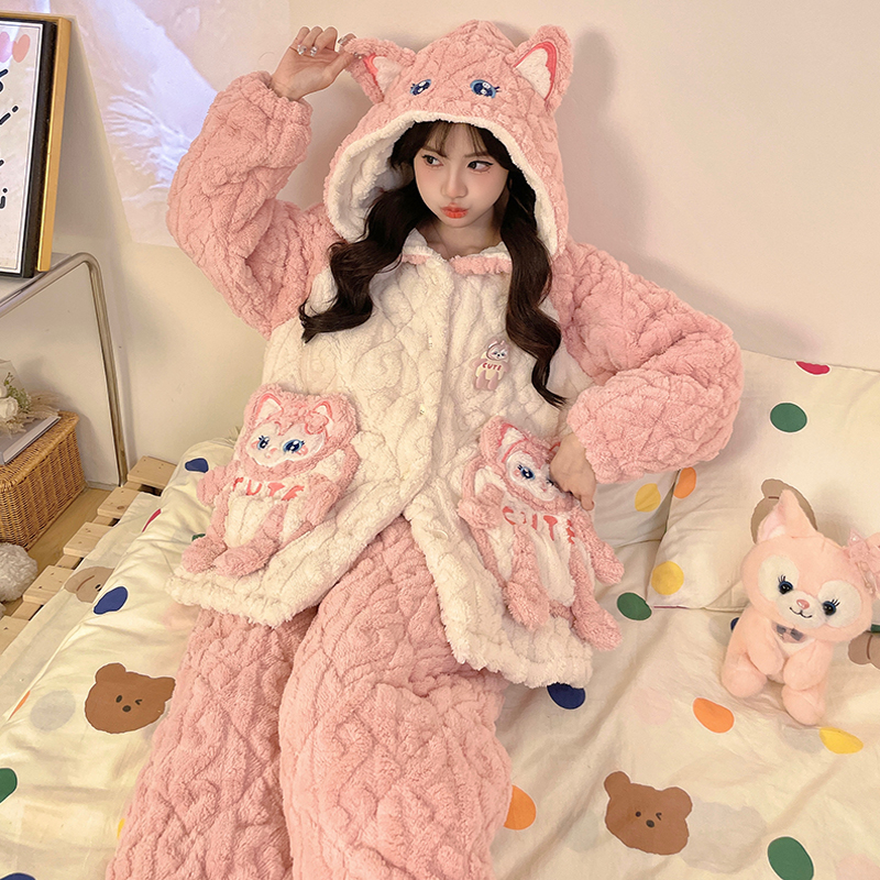 2025秋冬新款发光发亮一级三层夹棉珊瑚绒夹棉睡衣可外穿套装