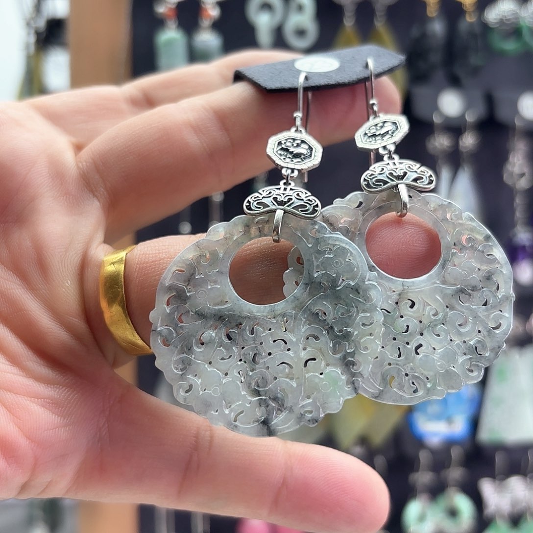 翡翠耳饰银S925镶嵌山**间