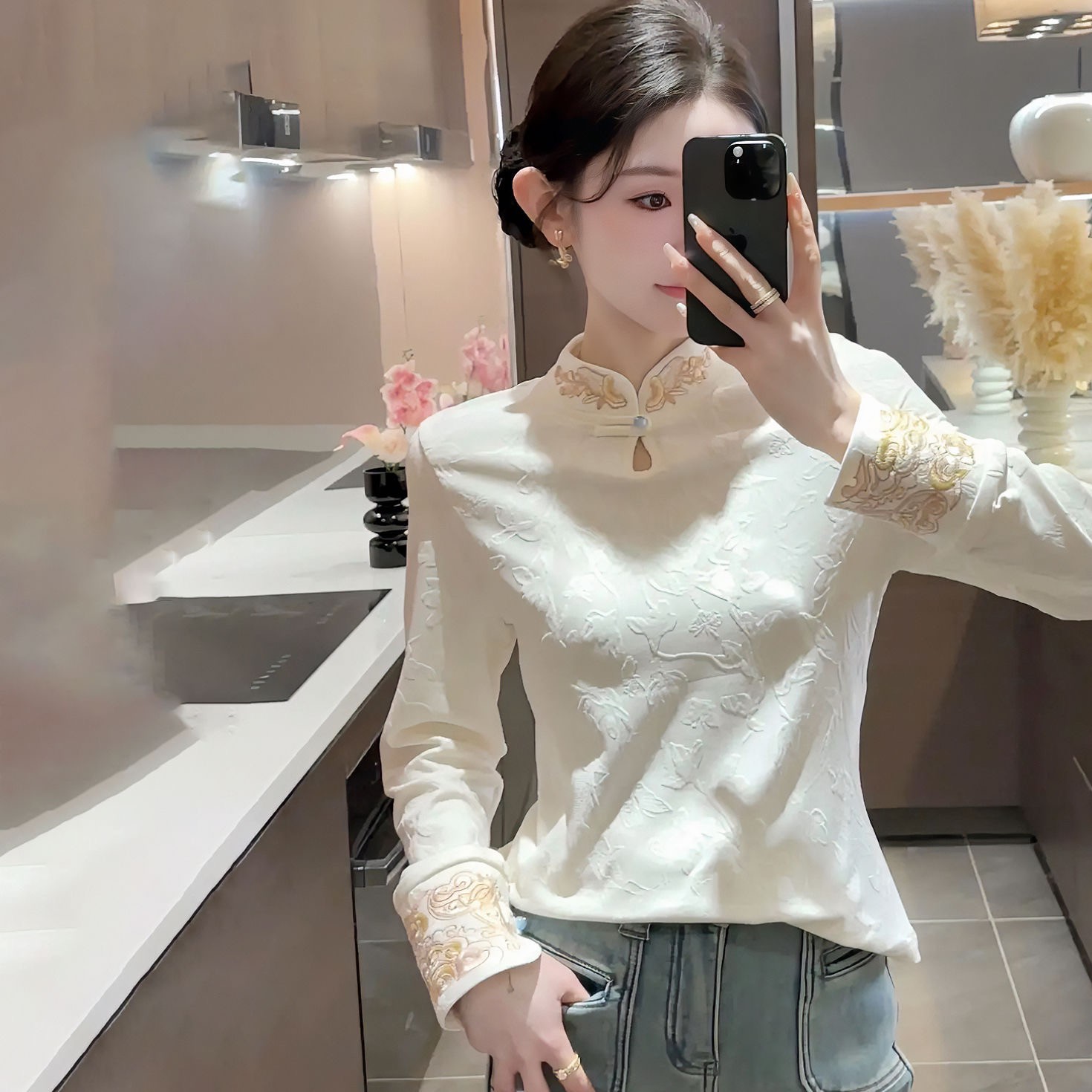 新中式立领盘扣衬衫女加绒加厚冬季新款刺绣提花长袖上衣保暖