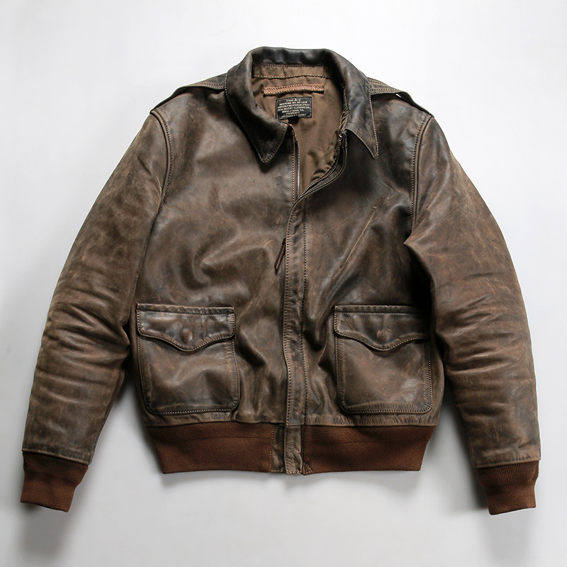 复古做旧美式空A2飞行员真皮夹克男翻领修身树纹油蜡植鞣牛皮皮