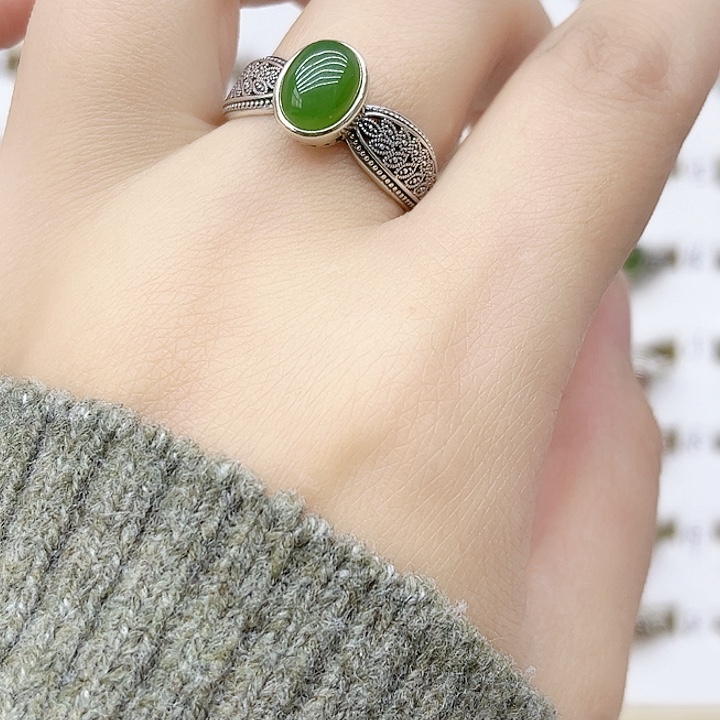 和田玉戒指银S925镶嵌天然