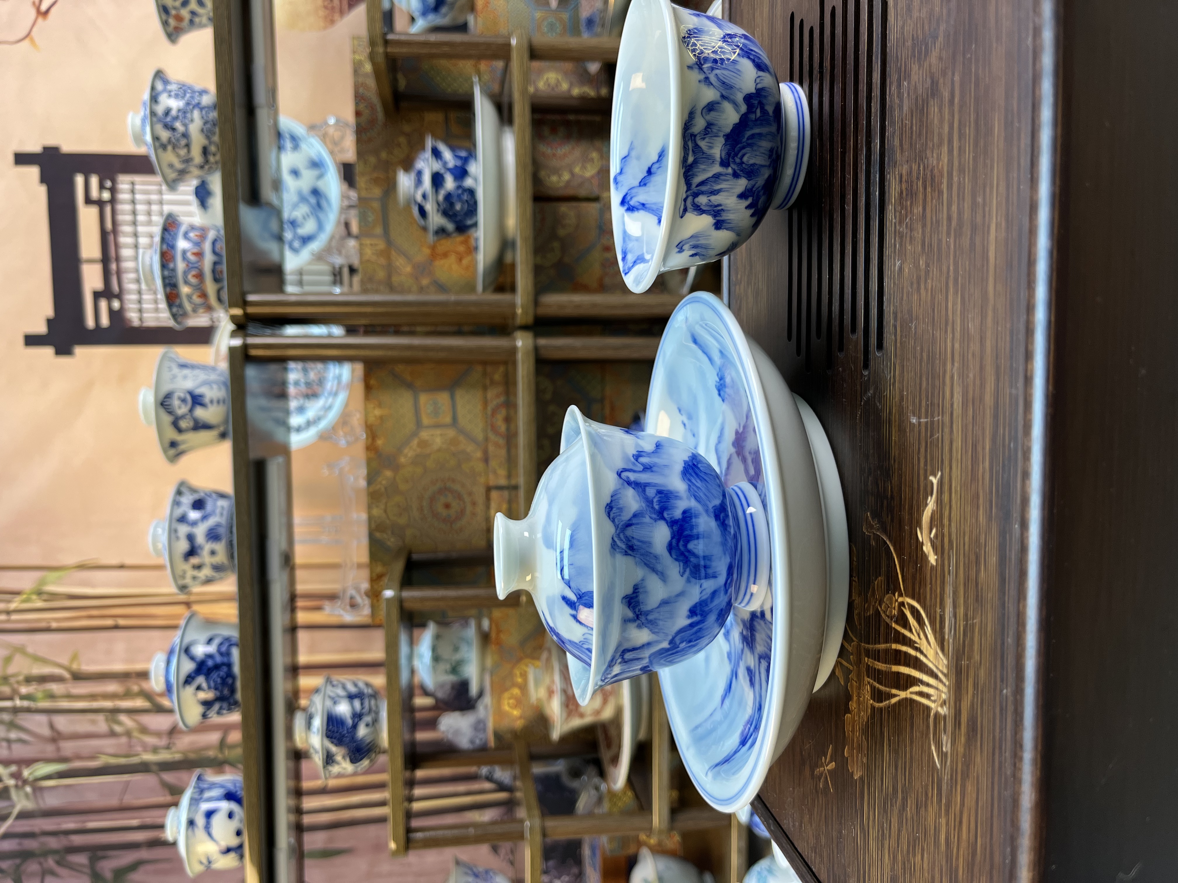 景德镇陶瓷重工满绘纯手工青花山水三件套
