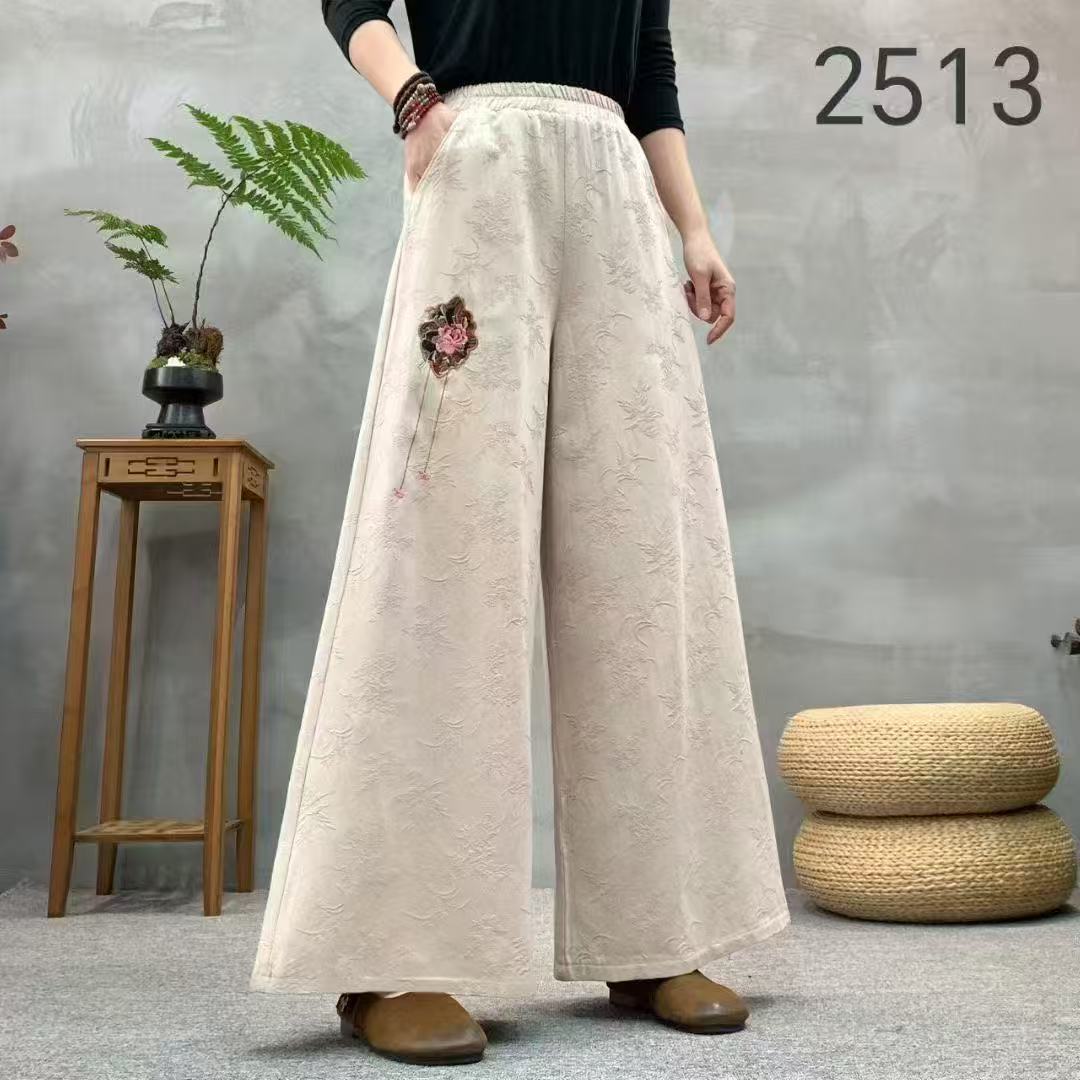 714新品高货显瘦复古百搭中国风名族风刺绣水洗棉麻阔腿裤
