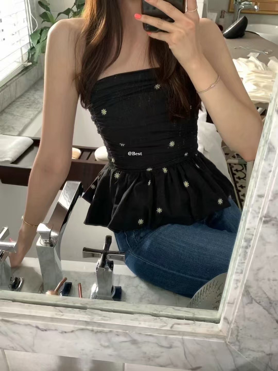 @哈呐I芭蕾风纯欲碎花抹胸上衣女夏季收腰修身设计