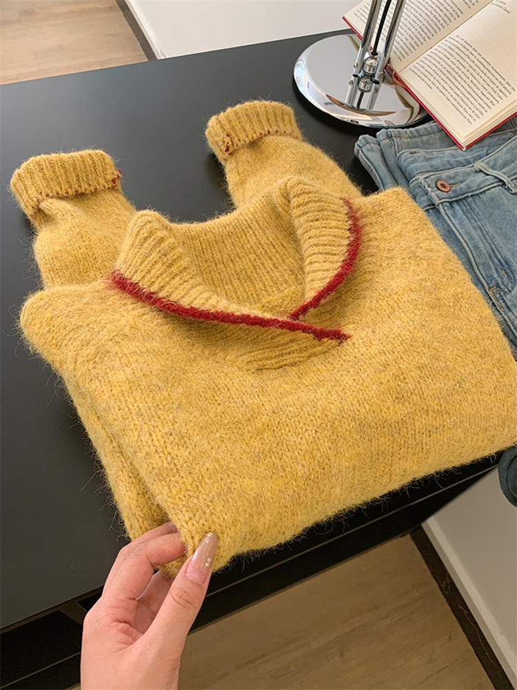 芝士黄毛衣女冬加厚翻领拼色设计感小众宽松复古韩系别致潮针织衫