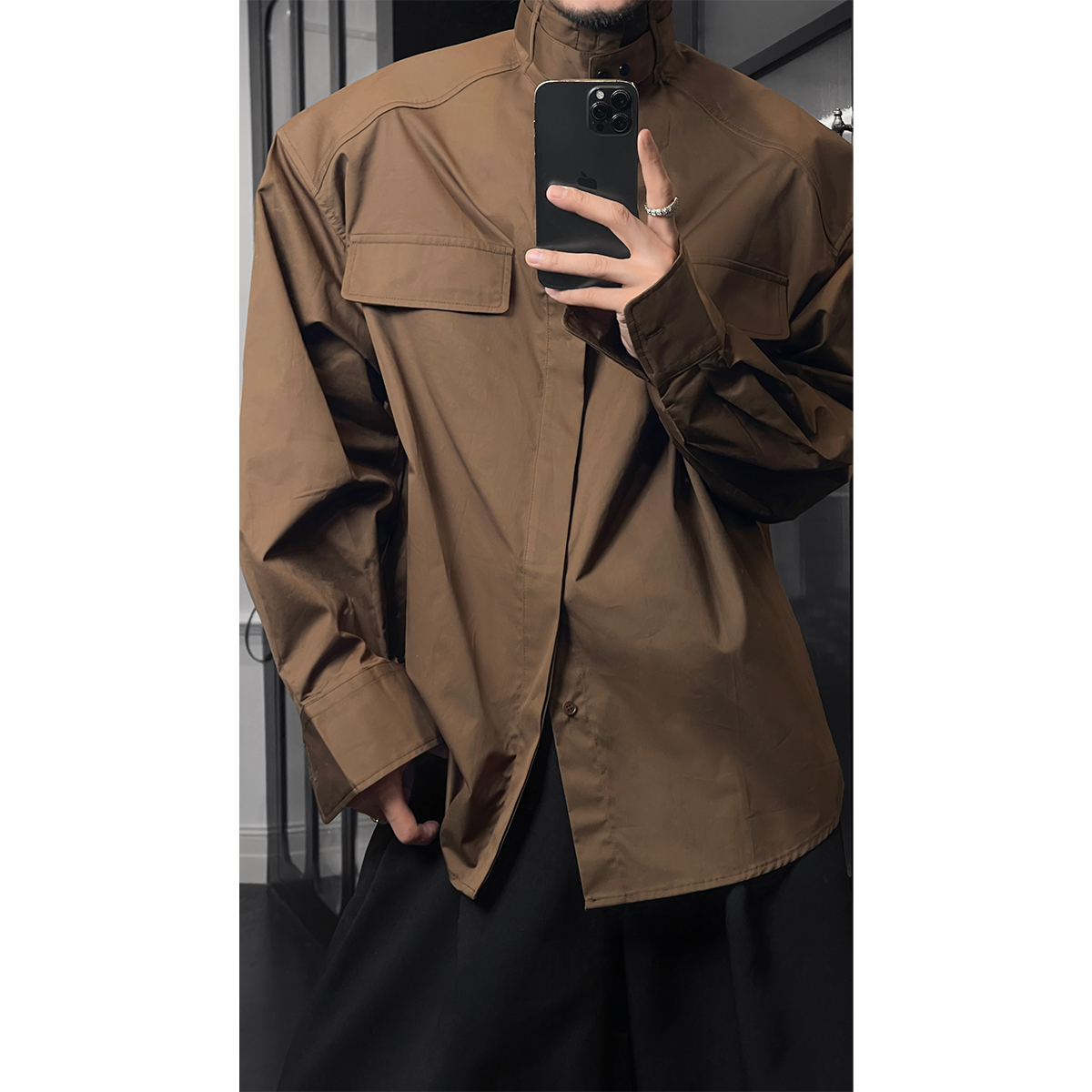 龙叨叨新品小众复古设计款立领长袖衬衫男美式休闲简约百搭衬衣潮