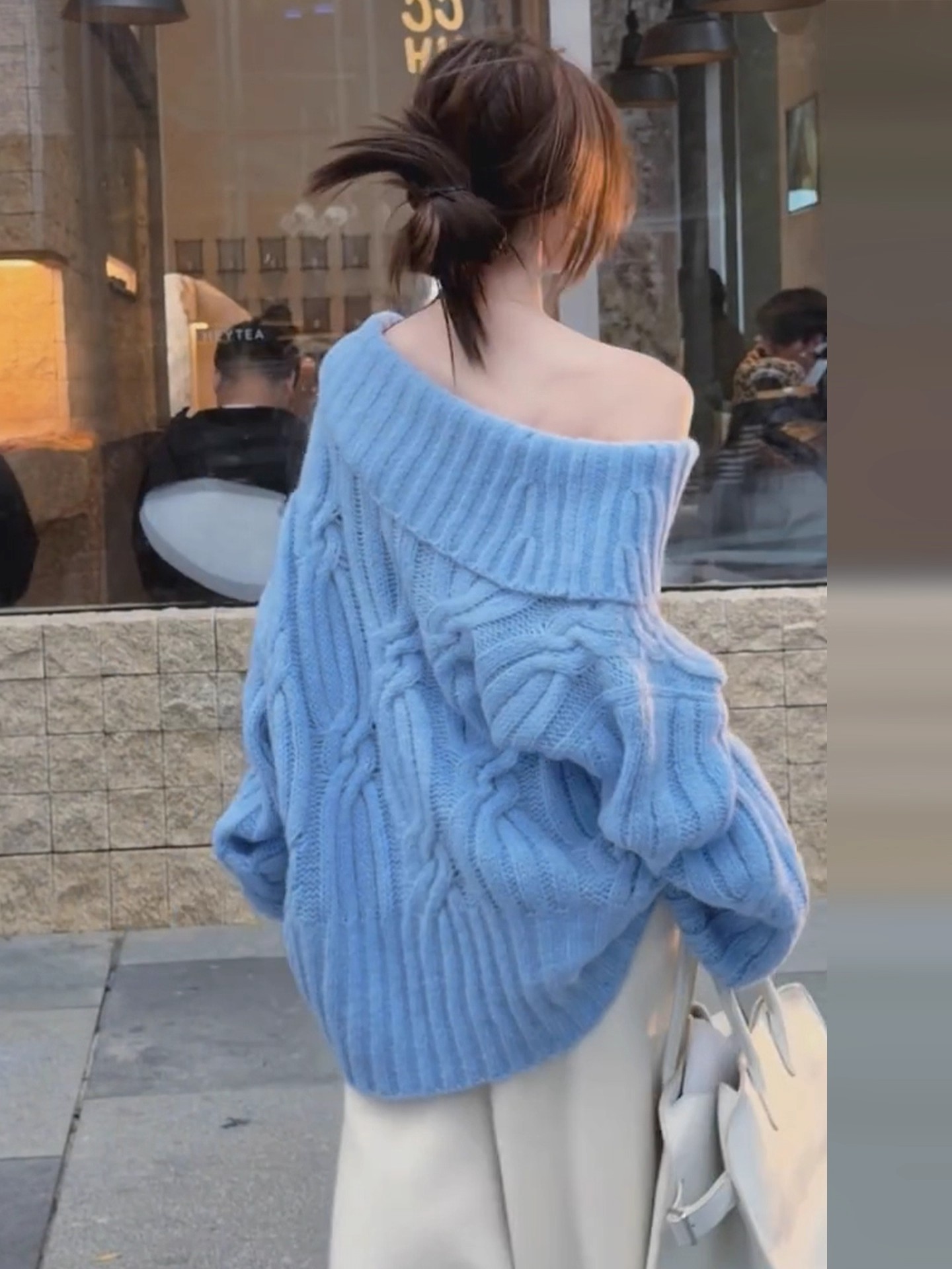 一字肩套头毛衣女秋季慵懒风气质小个子宽松休闲显瘦百搭长袖上衣