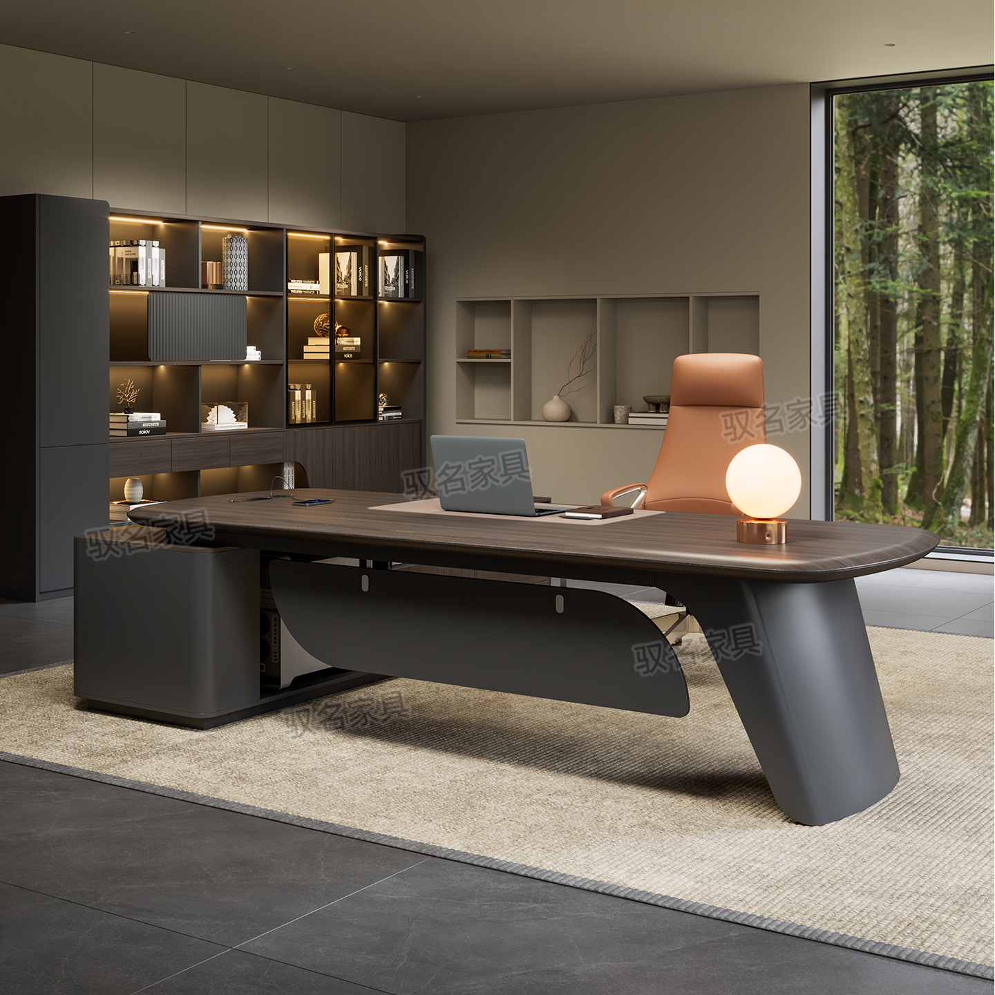 老板桌简约轻奢吸塑桌面领导总裁桌办公室大班台背景柜组合