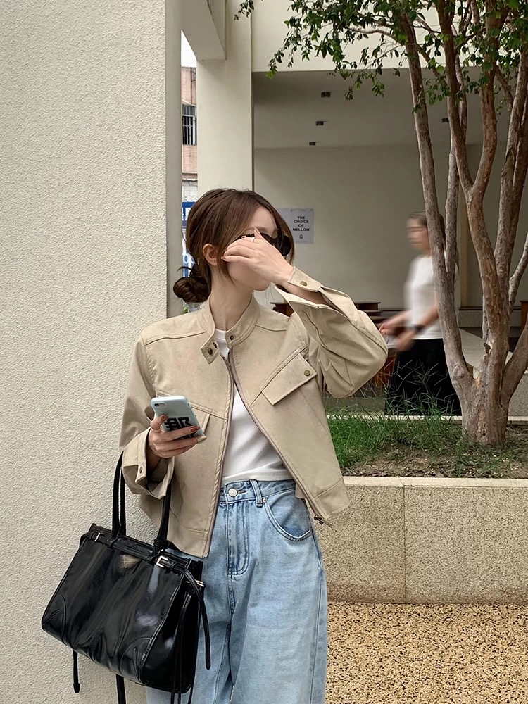 美拉德卡其色圆领外套女甜酷风机车服短款夹克上衣L279