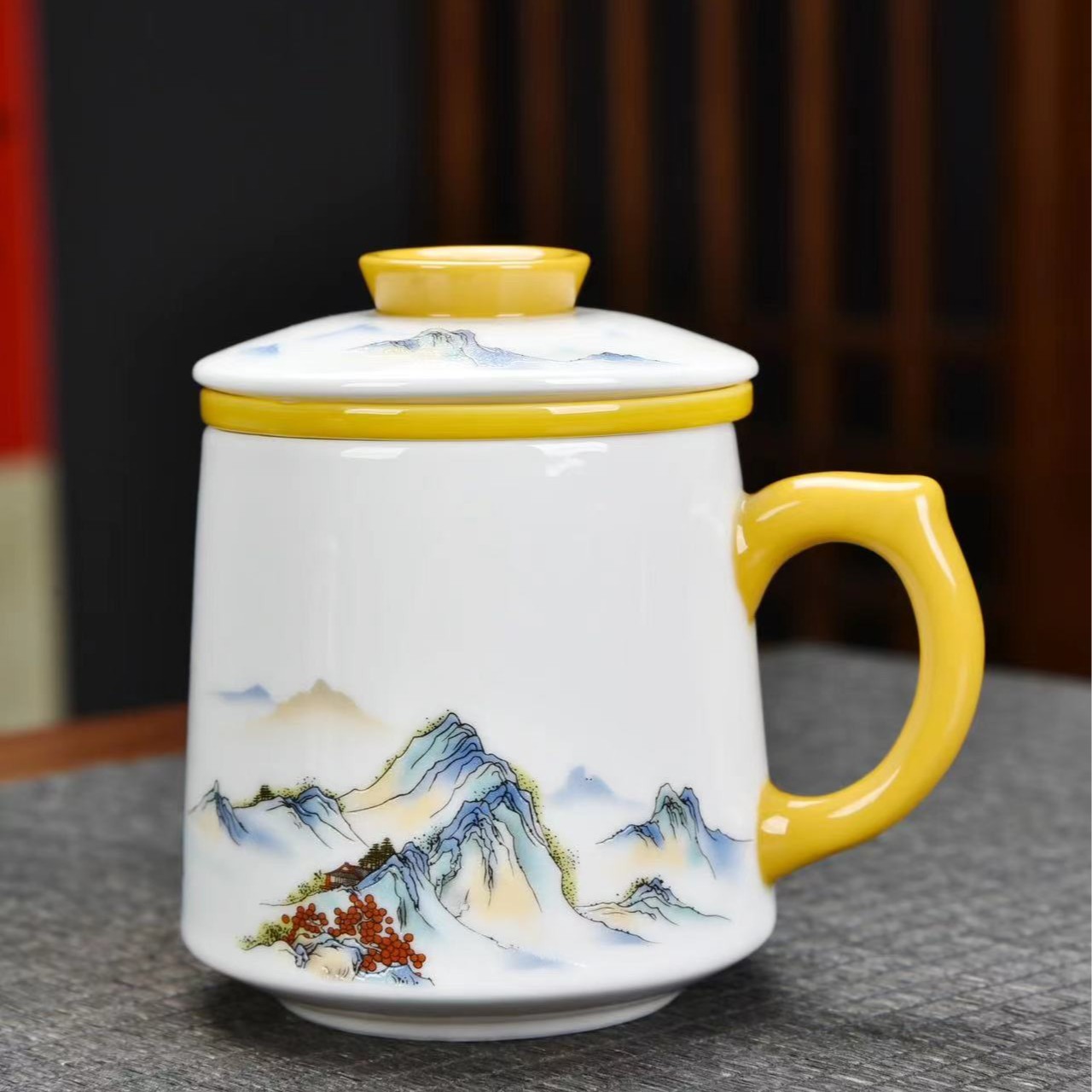 羊脂玉瓷五彩山水三件套陶瓷办公杯茶水分离杯-1870