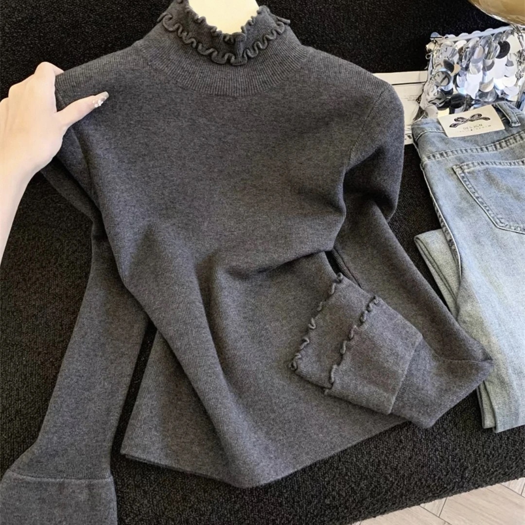 2025新款木耳边打底毛针织衫秋冬女百搭显瘦上衣女H19