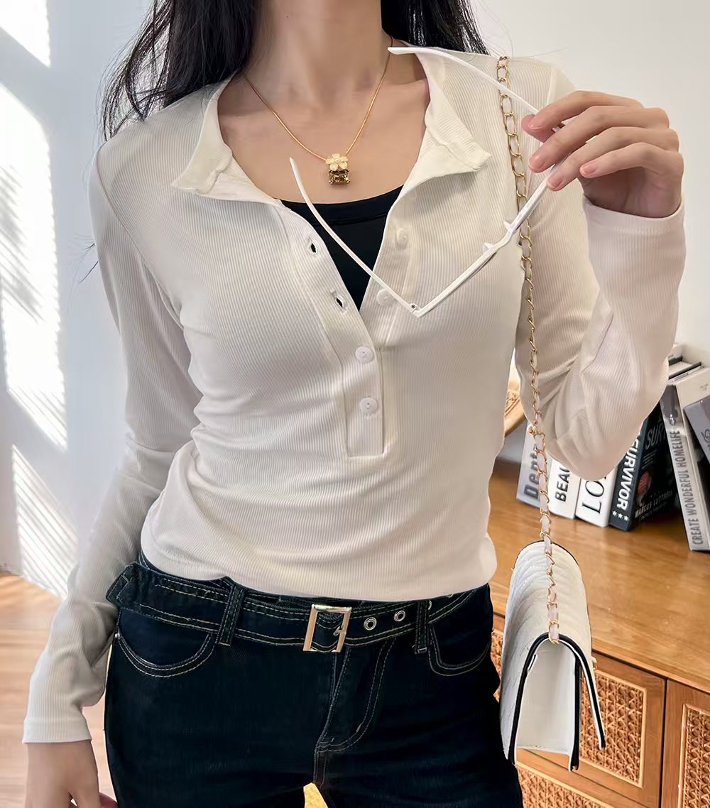 半开领纽扣长袖纯色INS风透气T恤针织短款时尚设计感