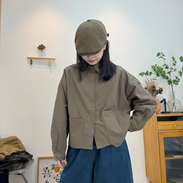 春款宽松显瘦百搭双口袋短款衬衫