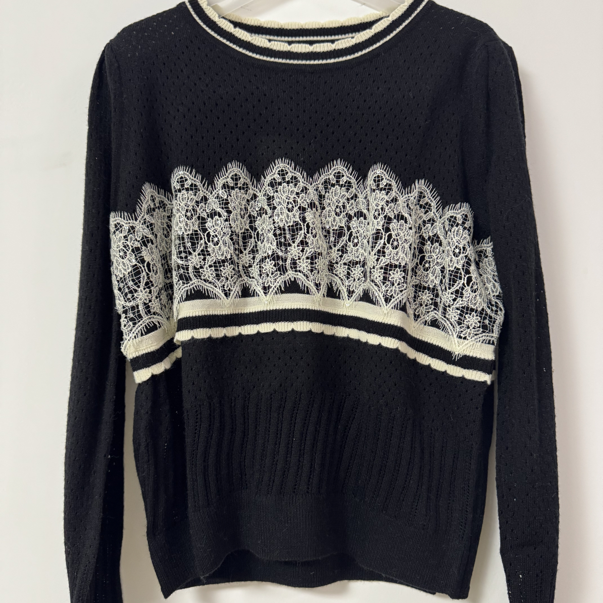 毛针织衫女装圆领淑女钩花开衫时尚女打底百搭提花拼接秋冬套头