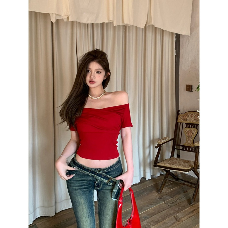 打底独特别致美式显瘦短款时尚红色紧身夏季t恤短袖女上衣
