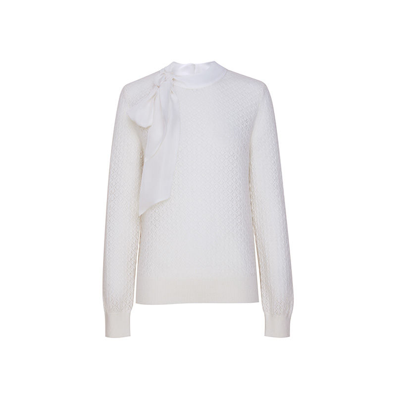 TRACY CHU LP原绒CASHMERE法式浪漫飘带白色仙女超细山羊绒针织衫