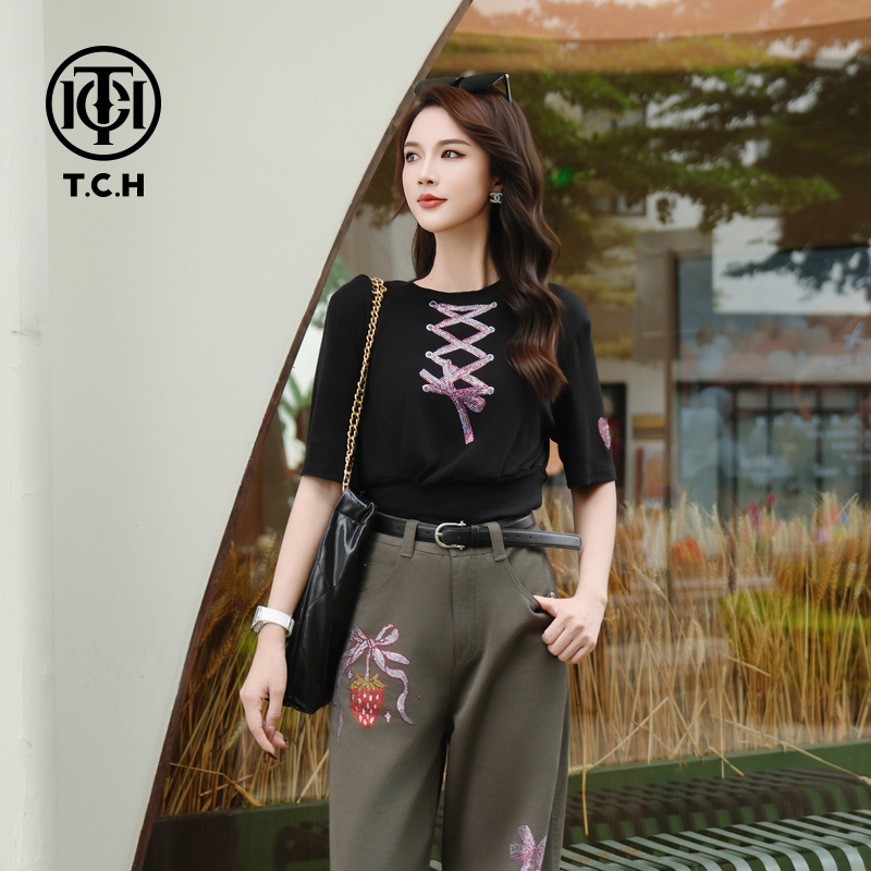 TCH私服秋款烫钻新时尚淑女百搭新潮流T恤女T75C10E5007轻奢tch