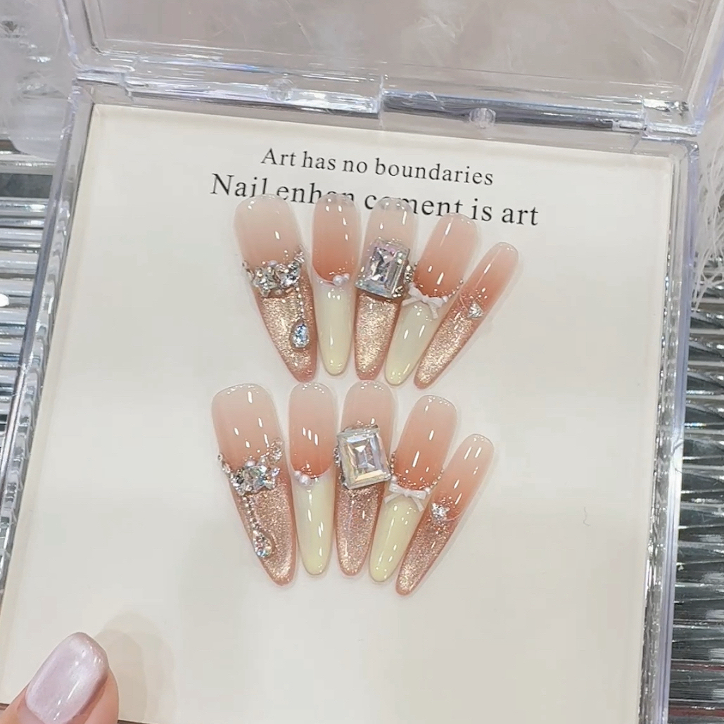 【海滩派对】纯手工美甲穿戴甲片奶黄半法式橘日星空美甲假指甲贴