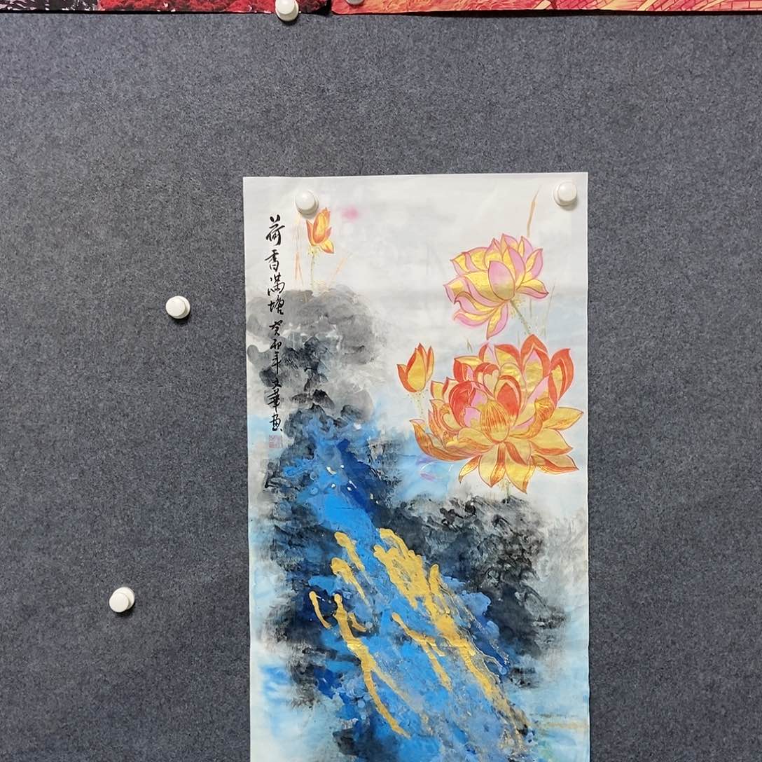 国画三尺泼彩荷花一副