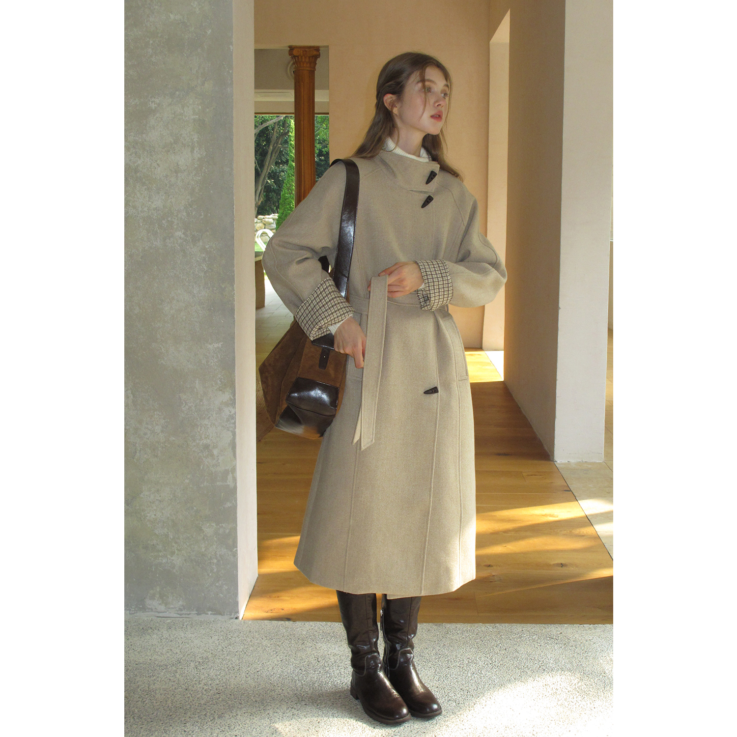 EGGKA立领牛角扣拼格边长款毛呢大衣外套高级宽松上衣E25C60380AF