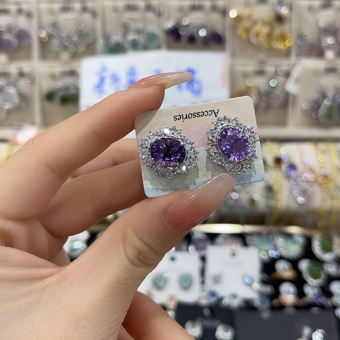 予***淮耳饰银S925镶嵌紫晶