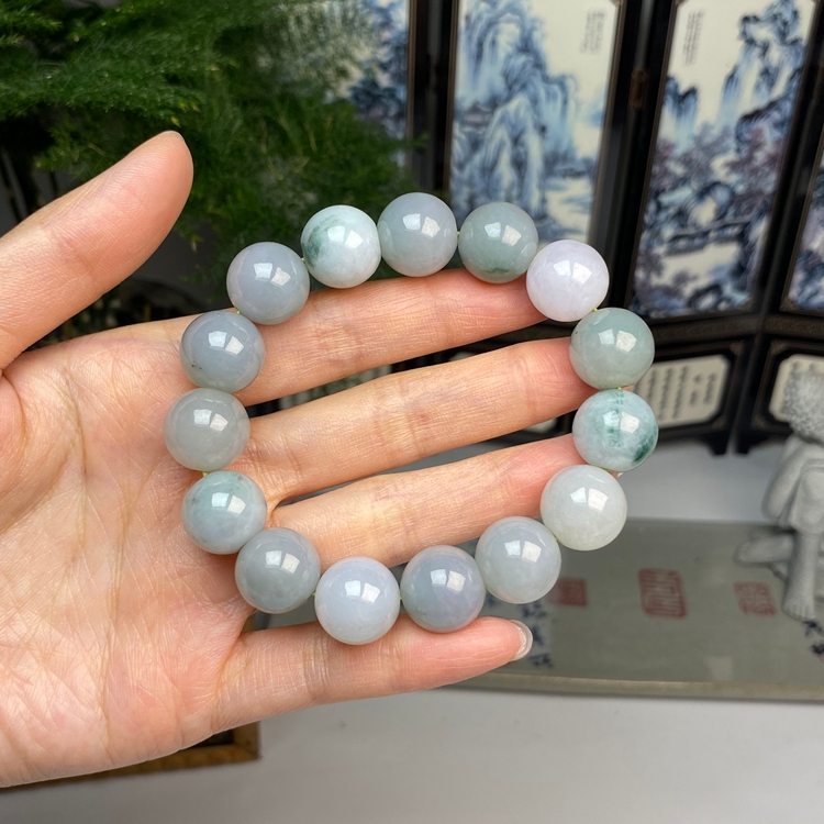 飘花带底色圆珠手串手链 天然翡翠A货 