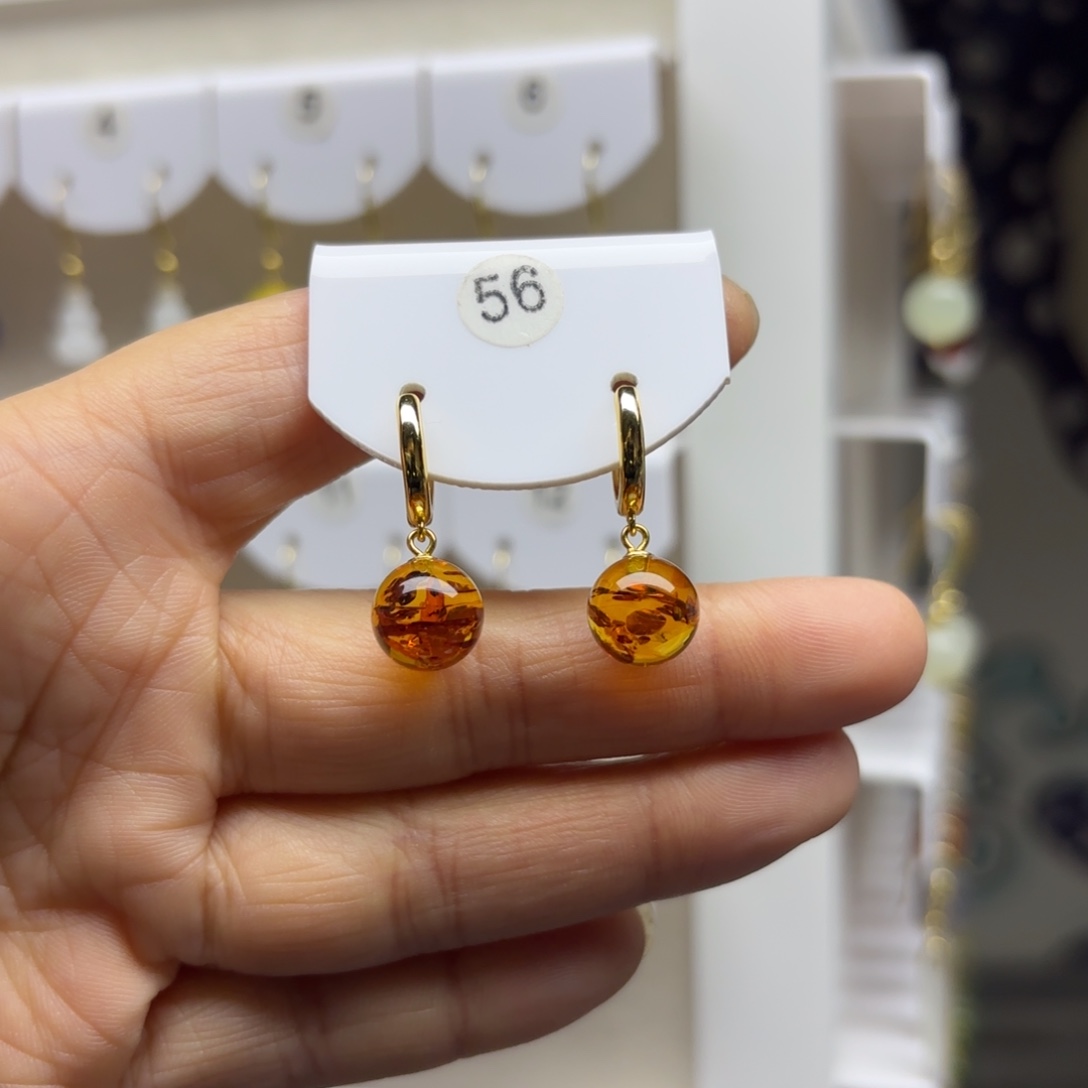 琥珀（花珀）银S925镶嵌耳饰