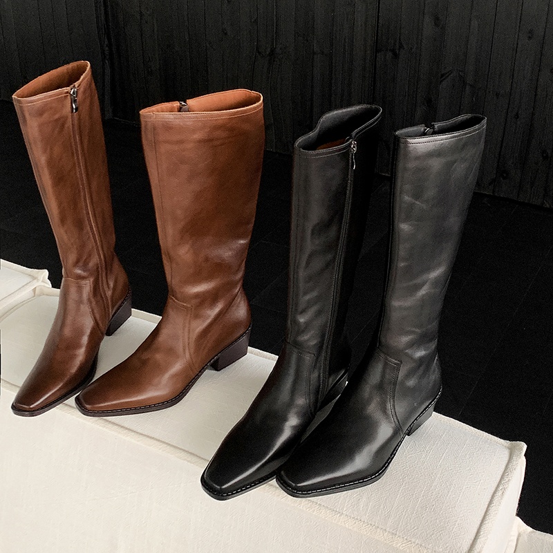 5.5cm34-40【重工松弛】新款时装靴不过膝秋冬粗跟尖头骑士靴极简风