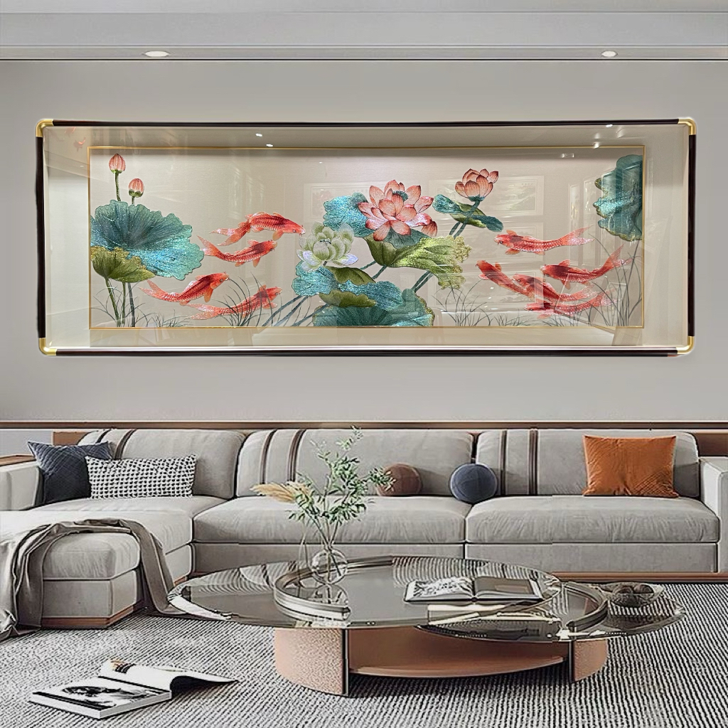 新中式九鱼图荷花鲤鱼横版客厅沙发背景墙壁挂画装饰画