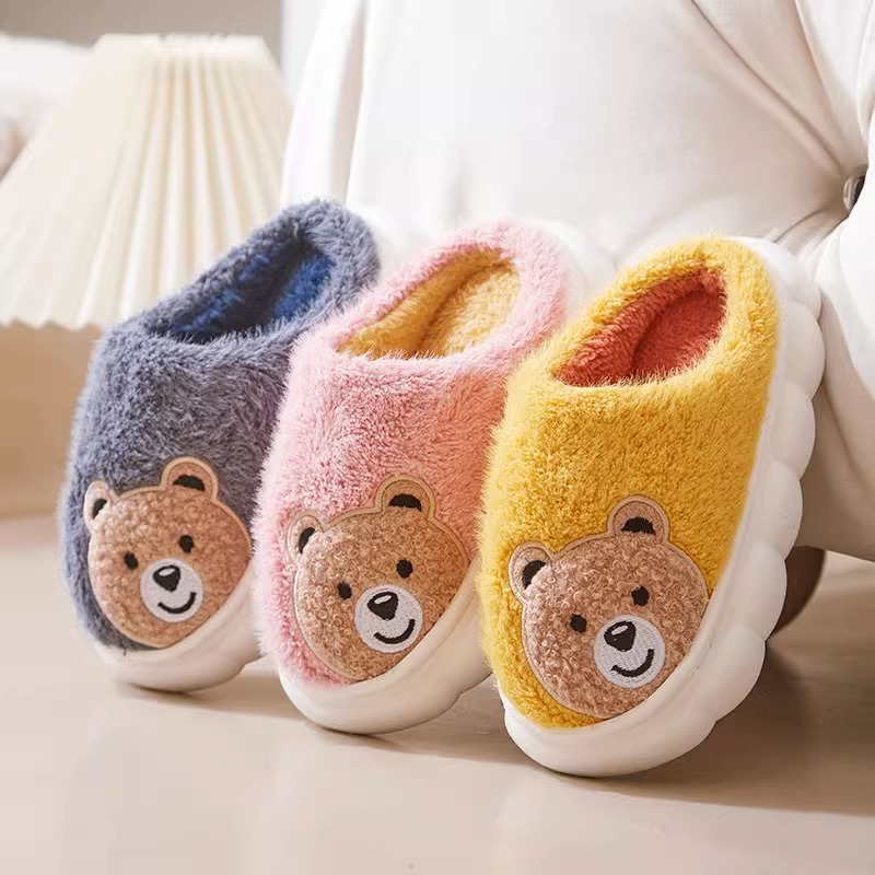 2025秋冬新款亲子款保暖小熊卡通可爱毛绒棉拖鞋