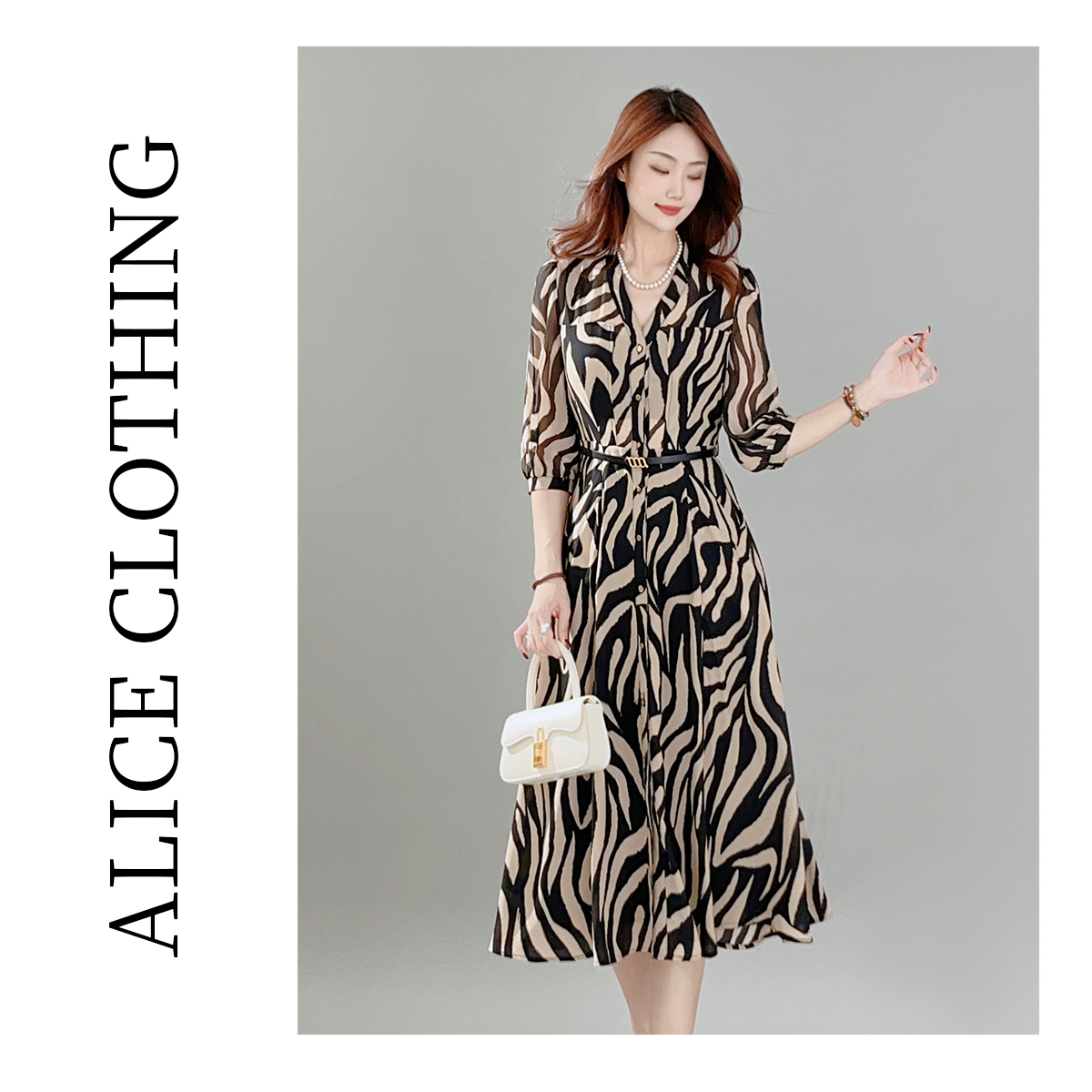 6ALICE“斑马幻影”连衣裙轻薄透气艺术印花H2138021B