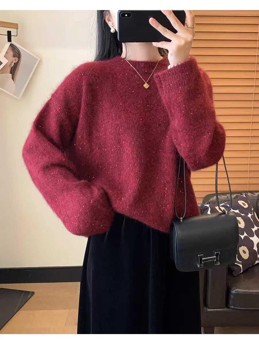 宽松套头慵懒风蓬松软糯小亮片落肩袖毛衣圆领针织长袖专属2