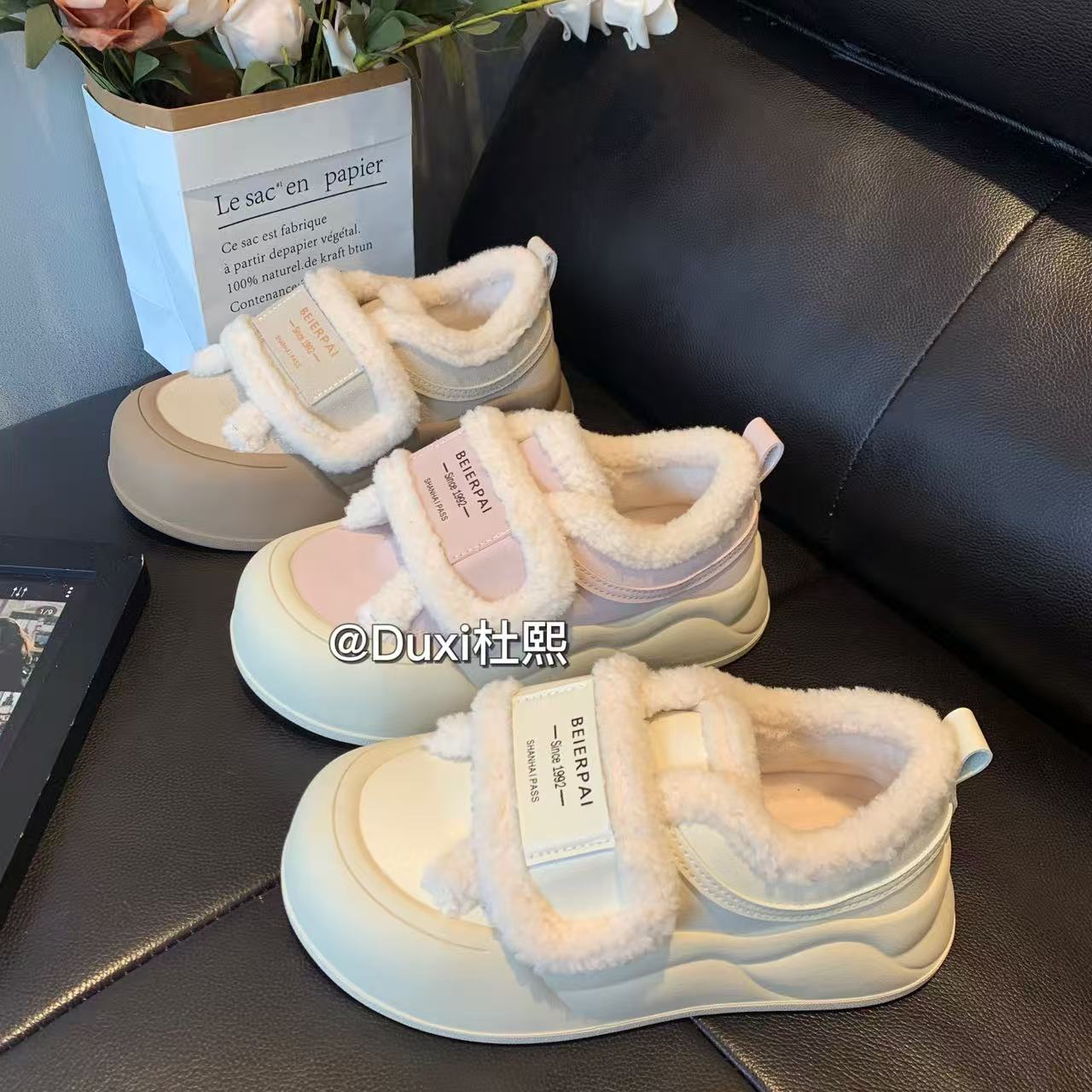 duxi/杜熙2025冬季新款时尚休闲鞋中跟棉鞋包头防滑拼色保暖时尚