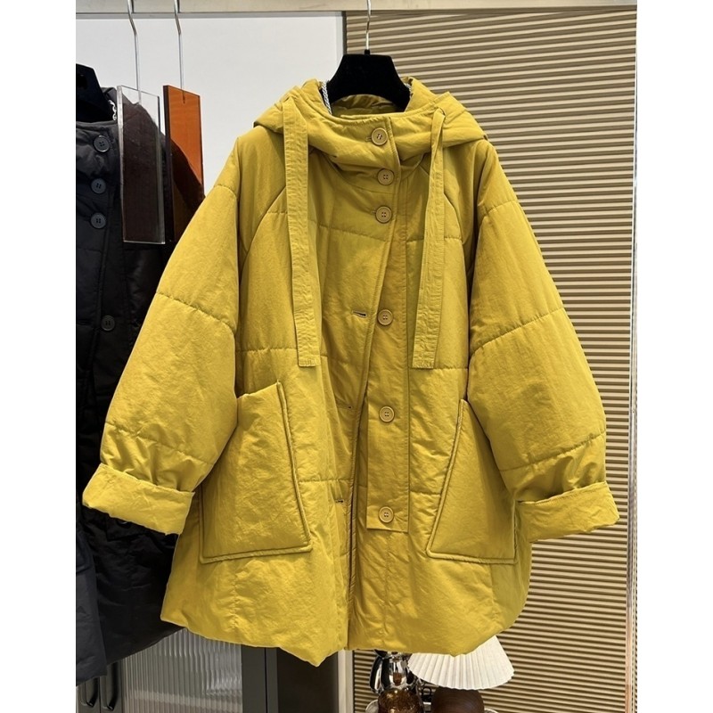 03500休闲风拉链连帽系带中长款棉服女秋冬新品纯色宽松棉衣外套