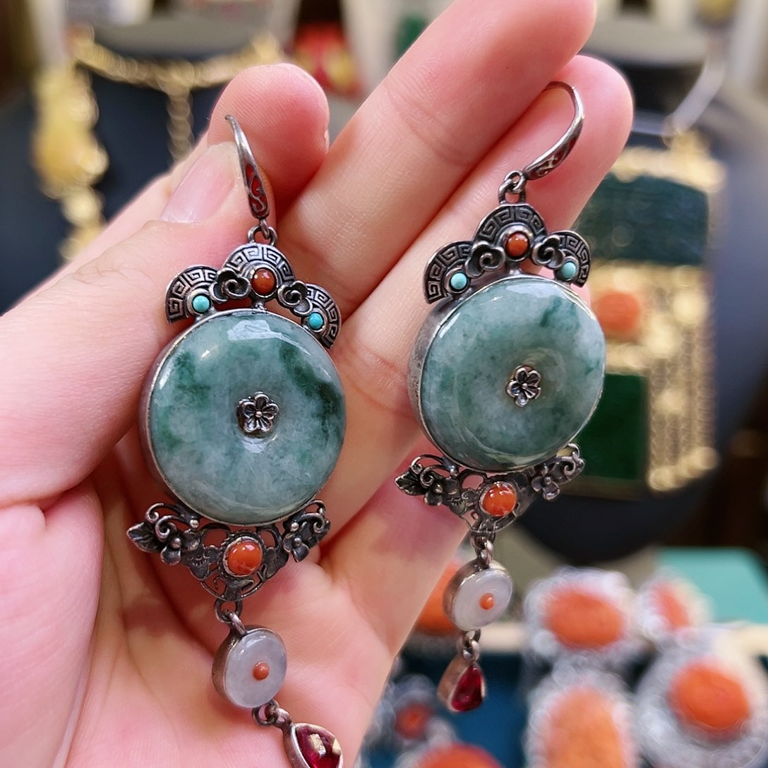 翡翠银S925镶嵌耳饰耳环