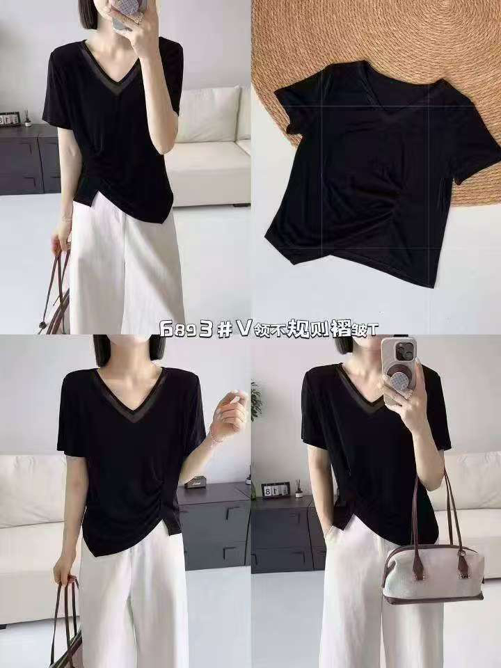 6893 V领不规则拼接网纱短袖上衣