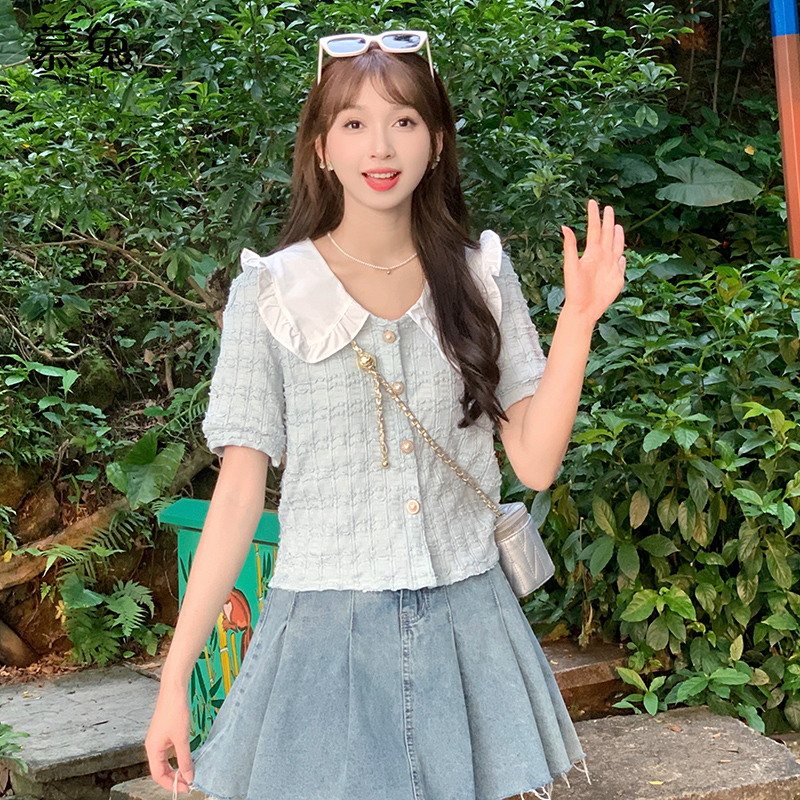 慕兔法式娃娃领撞色短袖衬衫女2024夏季新款小个子温柔风百搭上衣