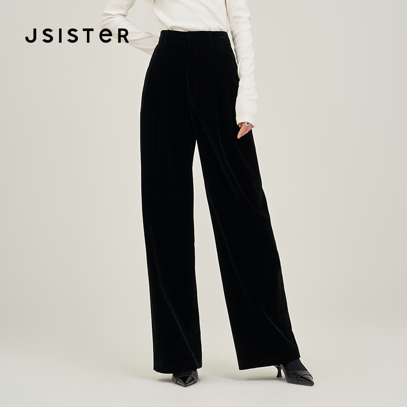 jsister2025秋季新品 JS女装时尚黑色丝绒阔腿直筒百搭休闲裤