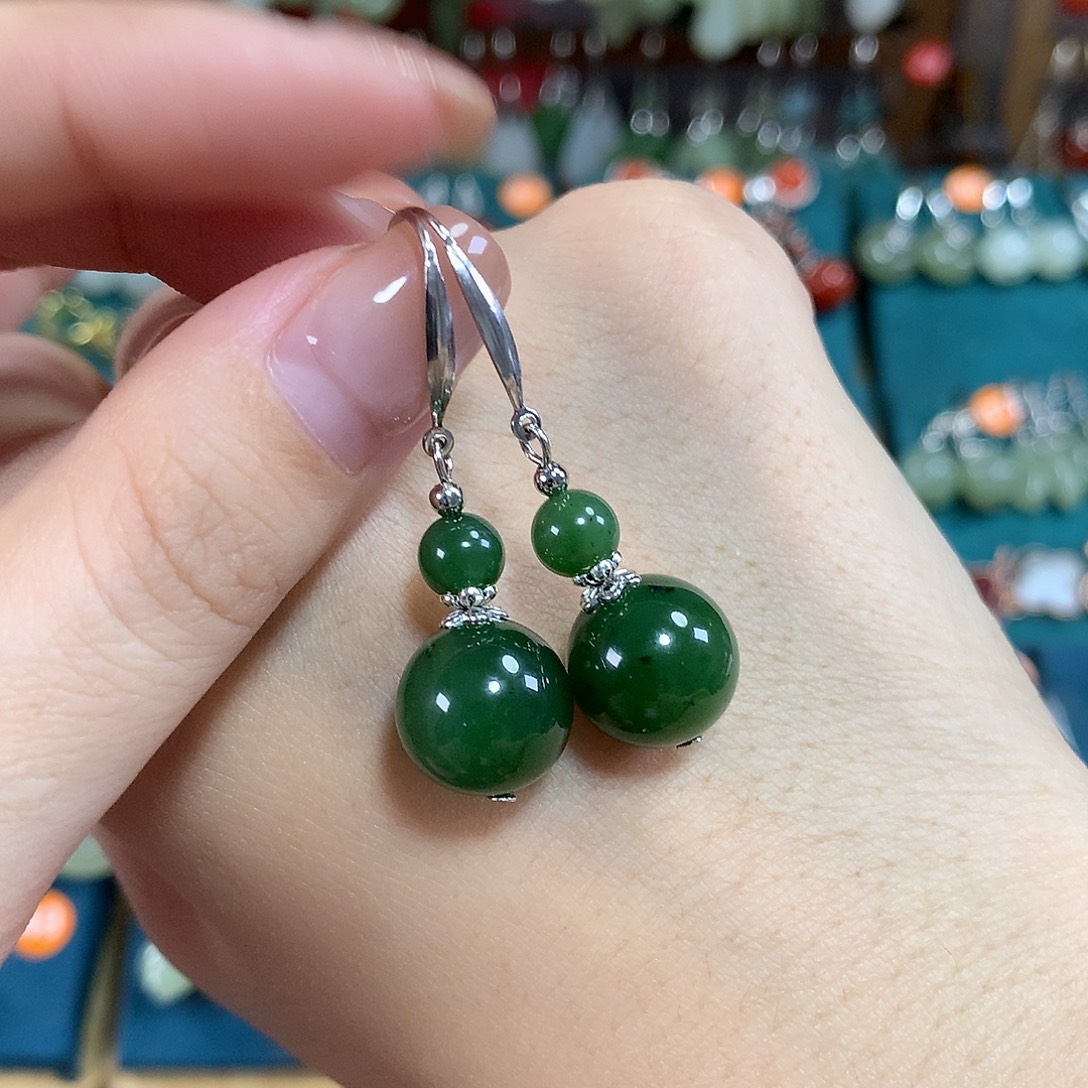 和田玉（碧玉）银S925镶嵌耳饰卡12mm左右