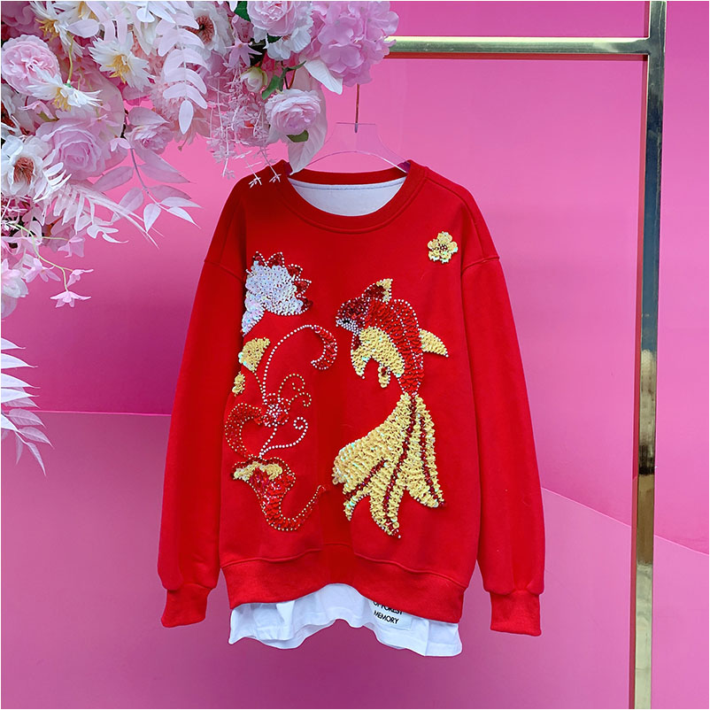 A5155欧美设计师2025冬季新款重工钉珠刺绣亮片金鱼拼接加厚卫衣