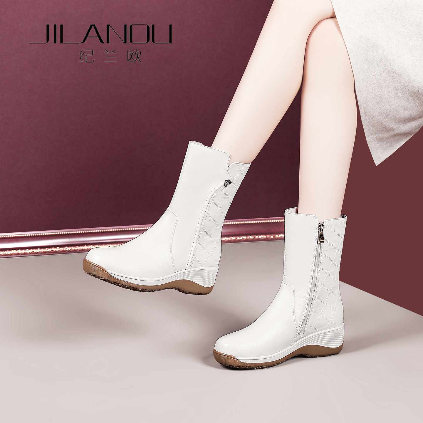 羊皮毛一体中筒靴女2025冬新款女鞋坡跟厚底短靴真皮加绒雪地靴子