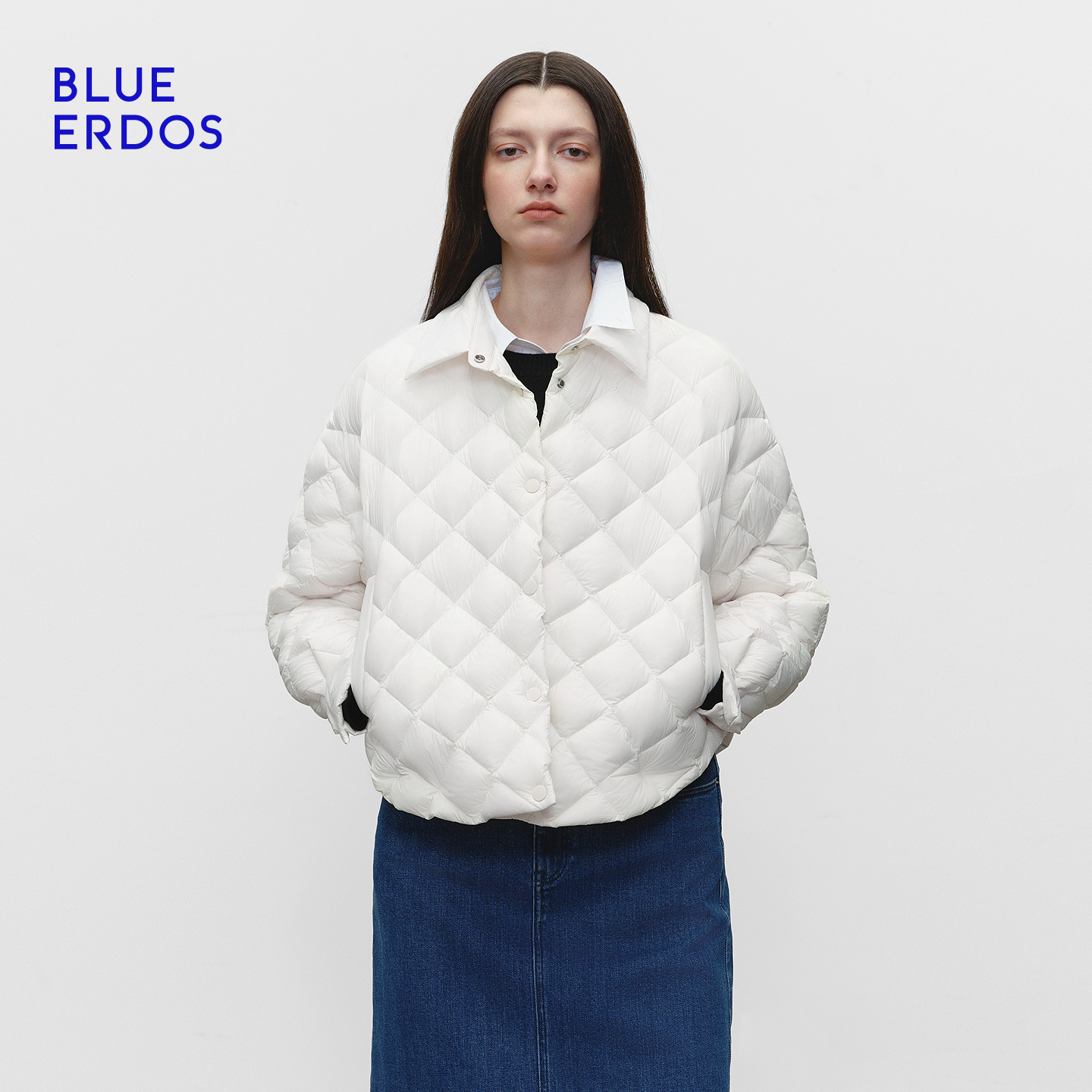 BLUE ERDOS 2025冬季新款白色羽绒服女短款鹅绒保暖外套B2256D704