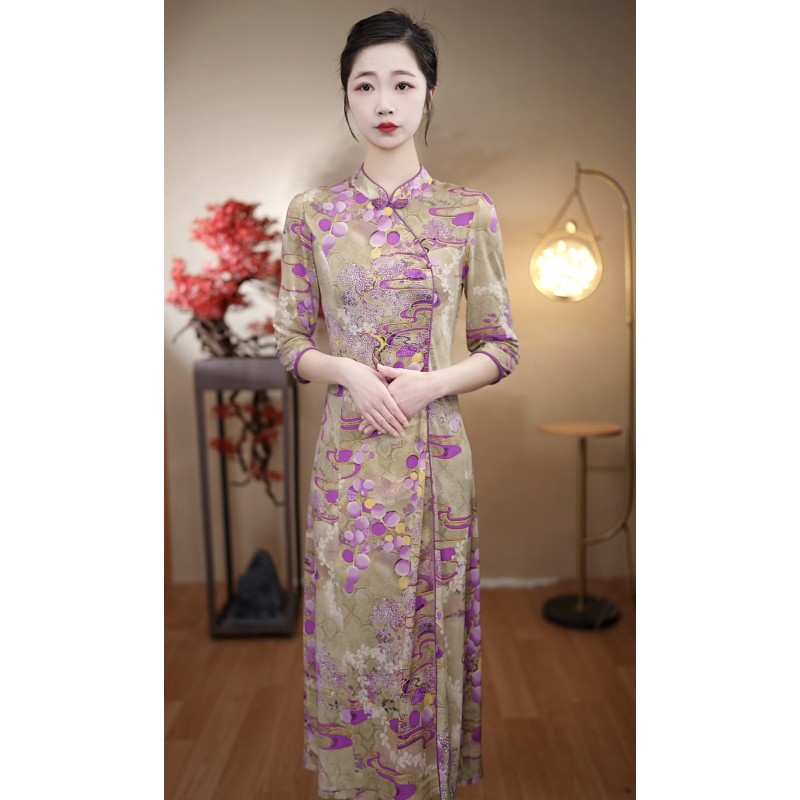 （4号紫圈*7分袖6珠）2025春季新款妈妈气质红色改良旗袍连衣裙