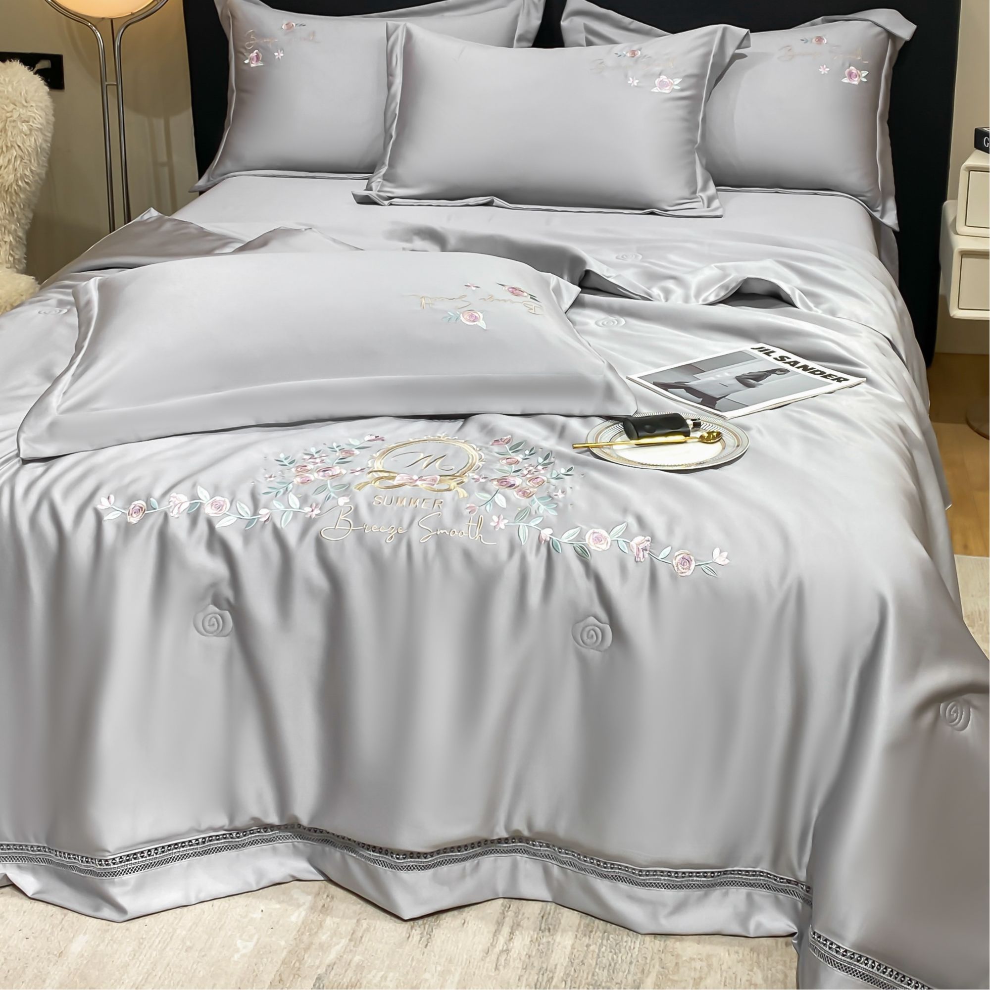 【风吹半夏】浅灰绣花夏凉被四件套可机洗裸睡空调被子凉感夏被