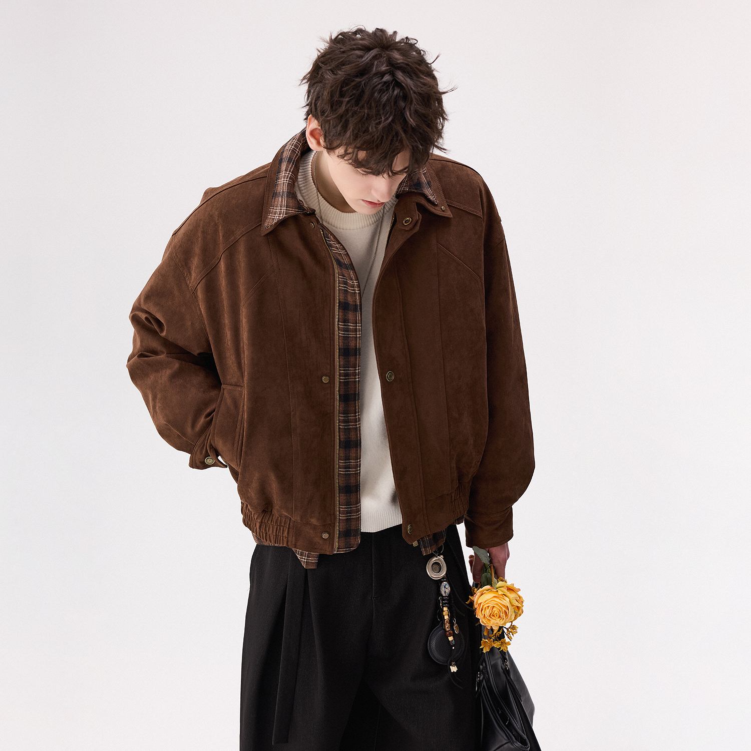 CHICERRO西西里男装美式牛皮绒翻领羽绒外套休闲百搭复古宽松保暖