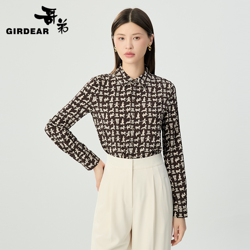 哥弟 宽松时尚长袖衬衣深呼吸狗狗图案休闲翻领衬衫女130073