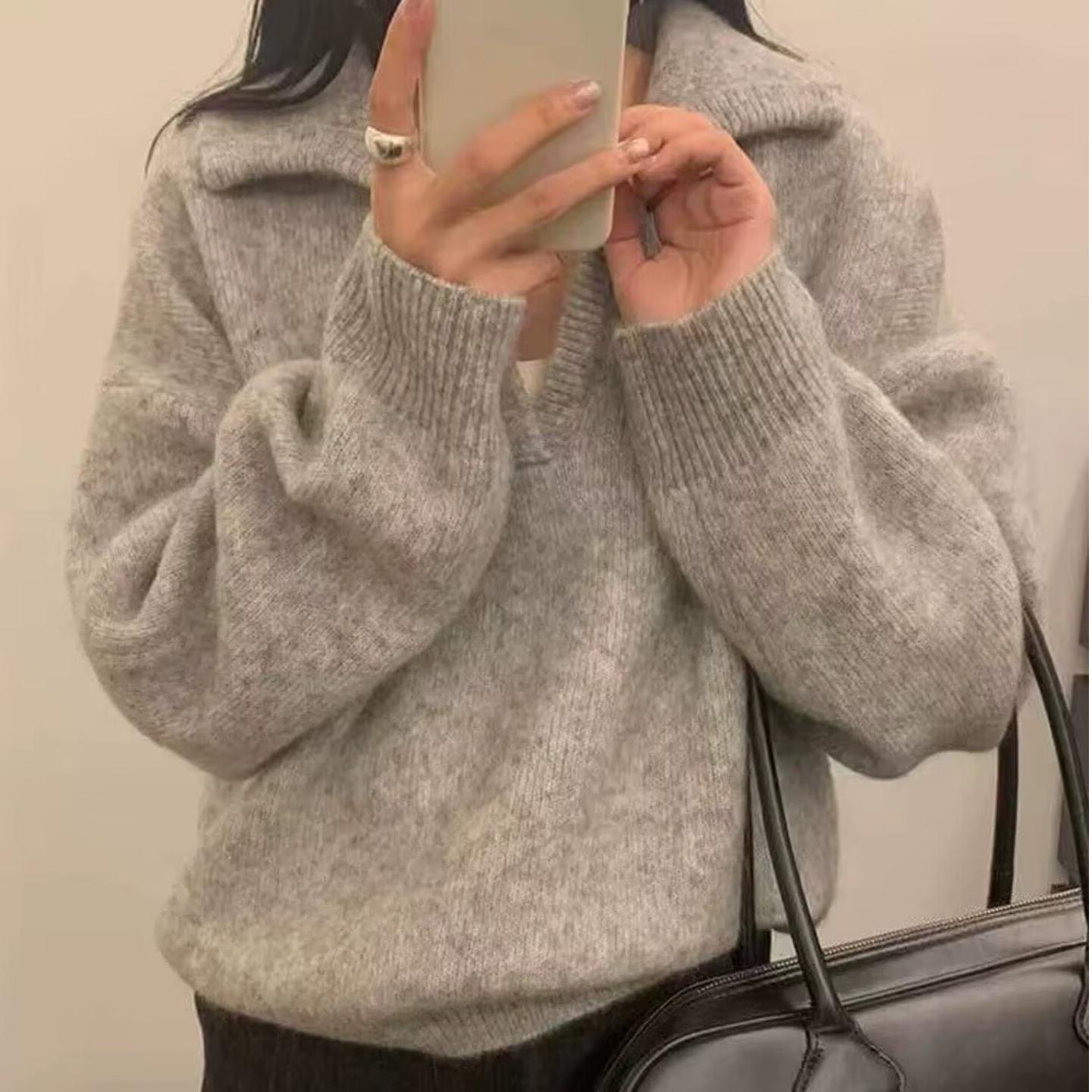 T1016 谬尔恋人 韩系慵懒风翻领灰色保暖毛衣