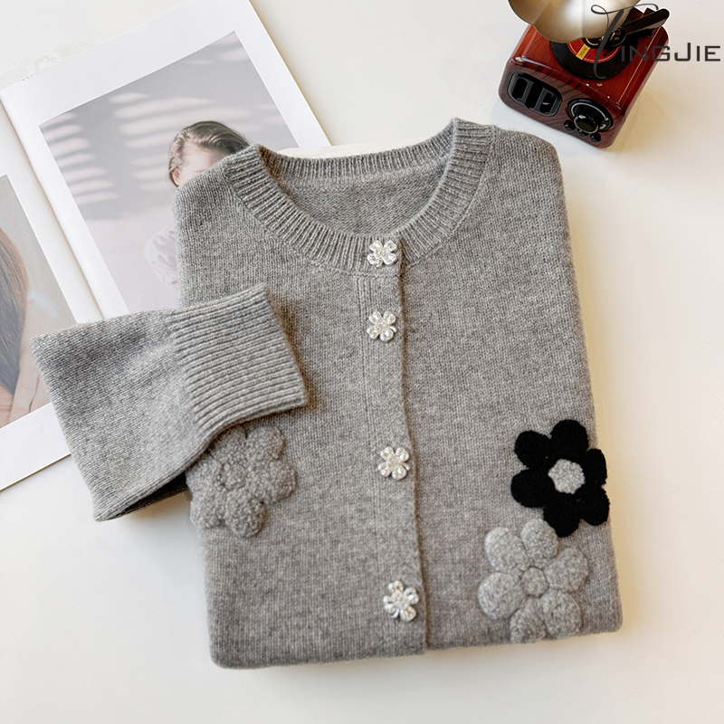 【重工山茶花】【100%羊毛】气质灰色设计款休闲时尚韩版毛衣B2269